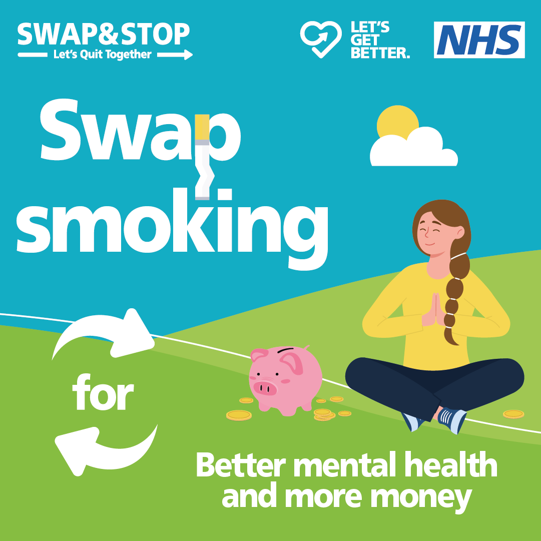 Cartoon style character of girl sat next to a piggy bank on a hill with blue sky to promote stop smoking for better mental health and more money