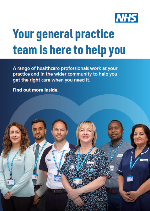 Front cover of a leaflet with health care professionals with detailed information of their roles and responsibilities